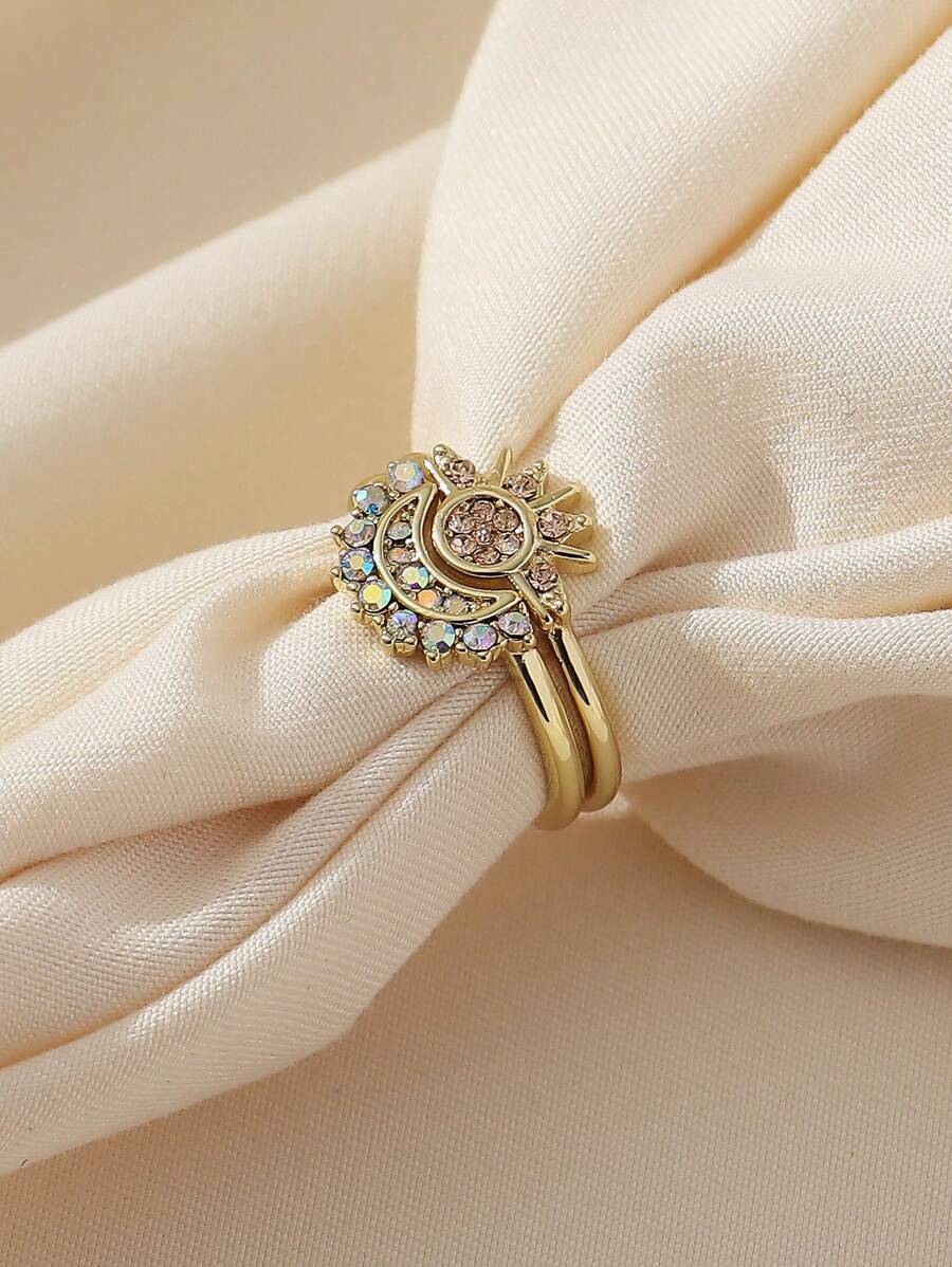 1 Cặp Nhẫn Đồng Xếp Chồng Thiết Kế Sáng Tạo Sang Trọng Phong Cách Châu Âu Và Châu Mỹ Đính Đá Mặt Trời Và Mặt Trăng Cho Nữ, Thích Hợp Cho Ngày Lễ Tình Nhân, Đám Cưới, Sinh Nhật, Tiệc Tùng Và Sử Dụng Hàng Ngày, Mẹ, Mẹ, Ngày Của Mẹ, Quà Tặng - vòng mặt trời và mặt trăng - Xem 1
