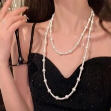 1 Miếng Dài Hai lớp Ngọc trai Giả Dây chuyền Đối với phụ nữ , Tinh tế Xương quai xanh Chuỗi Với Chi tiết ngọc trai nhân tạo , Lý tưởng Đối với Lễ hội Dịp & Các bữa tiệc - 1600 vòng cổ ngọc trai - Xem 6