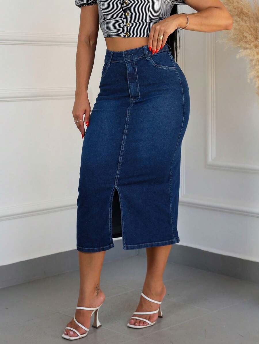 MEITRIX JEANS Saia Midi Jeans Com Fenda Frontal Moda Modesta | SHEIN Brasil