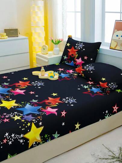 1pc Colorful Star Print Brushed Fitted Sheet, Bedroom Printed Bed Cover, Bedding