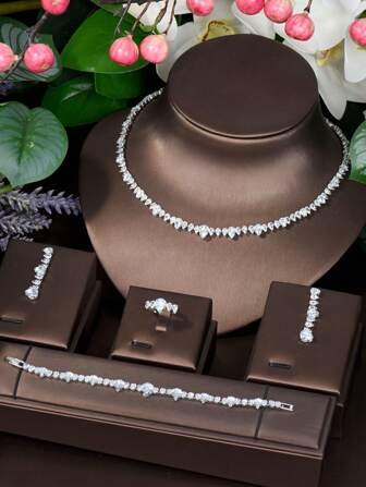 1set Unique Cubic Zirconia Waterdrop Decorated Jewelry Set, Suitable For Birthday Gift To Women