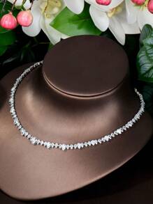 Juego De Joyas Únicas Decoradas Con Zirconias Cúbicas Y Gotas De Agua, Adecuado Para Regalar En Un Cumpleaños A Mujeres - Plateado - Ver 4