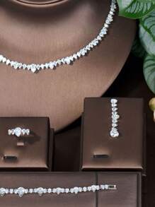 Juego De Joyas Únicas Decoradas Con Zirconias Cúbicas Y Gotas De Agua, Adecuado Para Regalar En Un Cumpleaños A Mujeres - Plateado - Ver 3