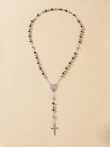 1pc 4mm Stainless Steel Beaded Chain & European/american Style Cross Pendant Structured Necklace For Women Daily Wear