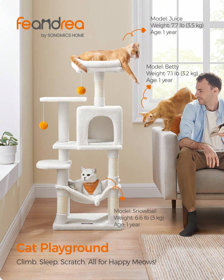 Feandrea Cat Tree, 44.1-Inch Cat Tower For Indoor Cats, Multi-Level Cat Condo With 4 Scratching Posts, 2 Perches, Hammock, Cave - trắng - Xem 1