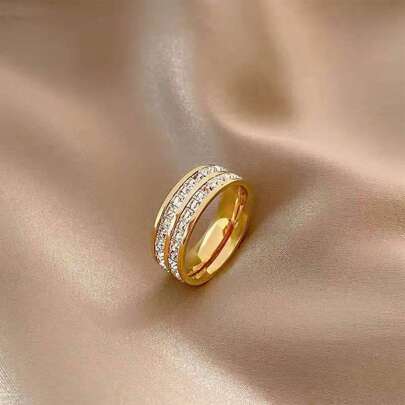 1pc High-End Stainless Steel Cz Inlaid Full Stars Single/Double Row Diamond Ring, Fashionable And Non-Fading, Suitable For Couples, All Seasons