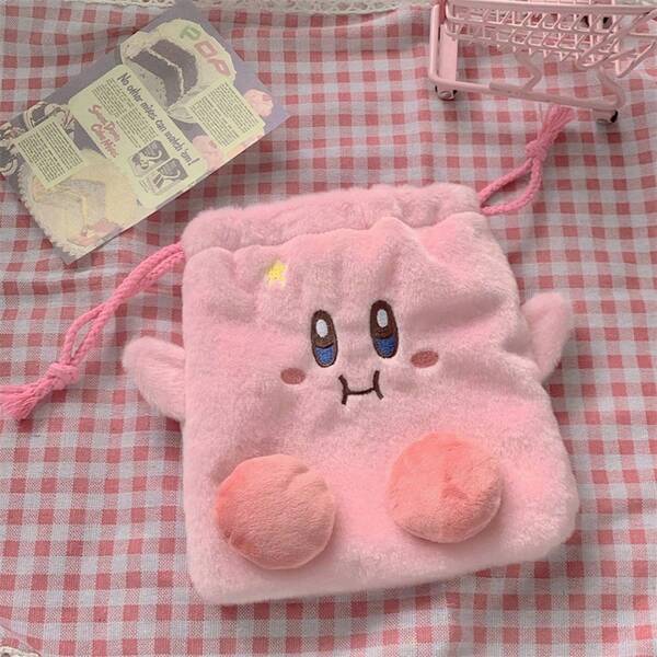 Sanrio 1pc Cute Plush Draw String Coin Purse, Pink Star Pattern Card & Coin Pouch, Fashionable Plush Pocket Design For Accessorizing Bags, Soft And Comfortable Princess Gift,Plush Purse,Hangyodon,Plushie Bag,Purin,Bag Plush,Korilakkuma