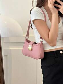 1 Pieza Bolso Simple De Axila Con Color Puro Y Diseño Vintage, Con Correa Con Hebilla Y Cierre De Cremallera, Adecuado Para El Uso Diario Casual De Mujeres - Rosa - Ver 2