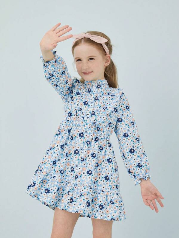 Annil Tween Girl, primăvară și toamnă, din bumbac pur, rochie în formă de A florală, prietenoasă cu pielea, rochie cămașă cu mâneci lungi