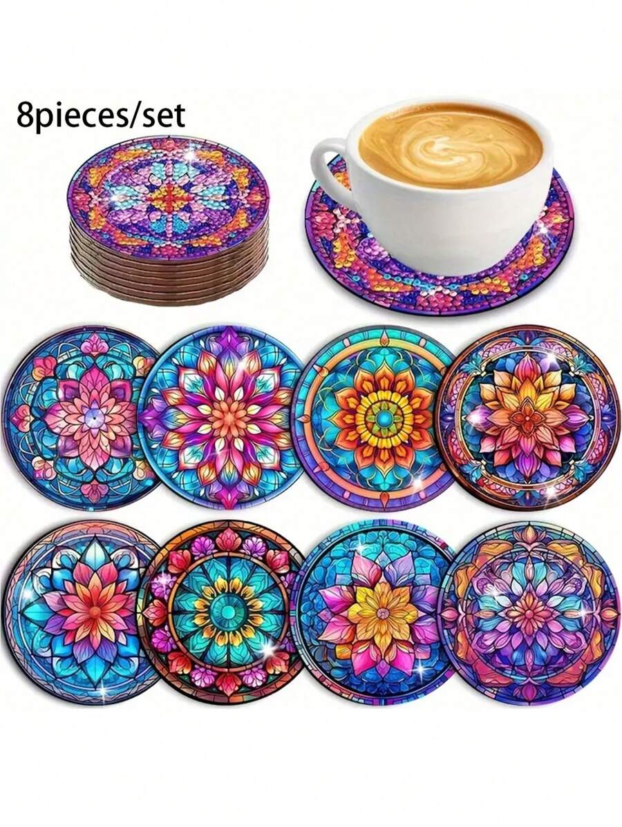 8pcs/Set Mandala Pattern Diamond Painting Diy Coaster Ab Shaped Rhinestones With Cup Holder