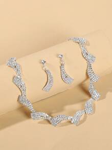 水鑽裝飾多層次項鍊和1對耳墜適合女士適合派對宴會婚禮 - 銀色 - 查看 11