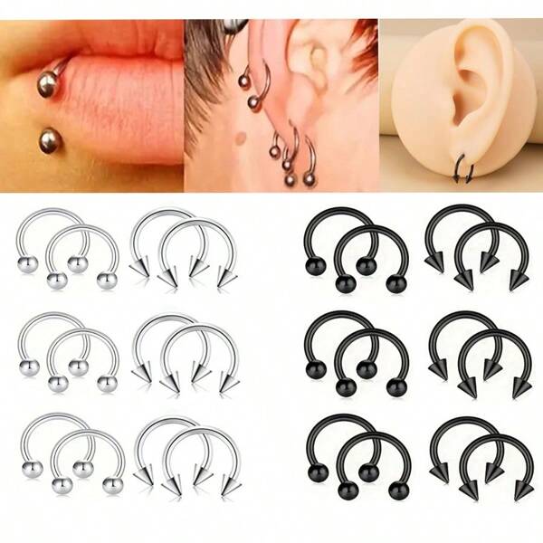 12pcs Fashionable & Versatile Stainless Steel Lip Ring, Nose Ring, Earring Set