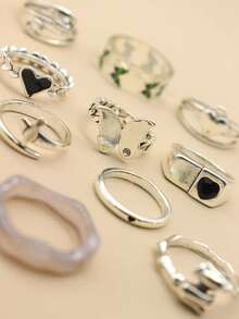 10pcs/Set Resin Ring With Butterfly, Flower, Heart And Rhinestone Decor - Antique Silver - View 4