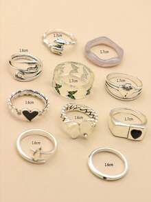 10pcs/Set Resin Ring With Butterfly, Flower, Heart And Rhinestone Decor - Antique Silver - View 3