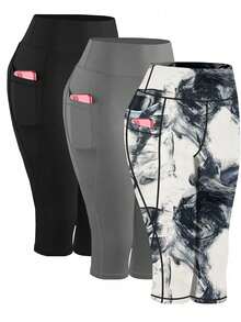 3 件/套口袋合身加大码印花高腰修身收腹运动紧身裤，瑜伽七分裤 - 白色 - 查看 1