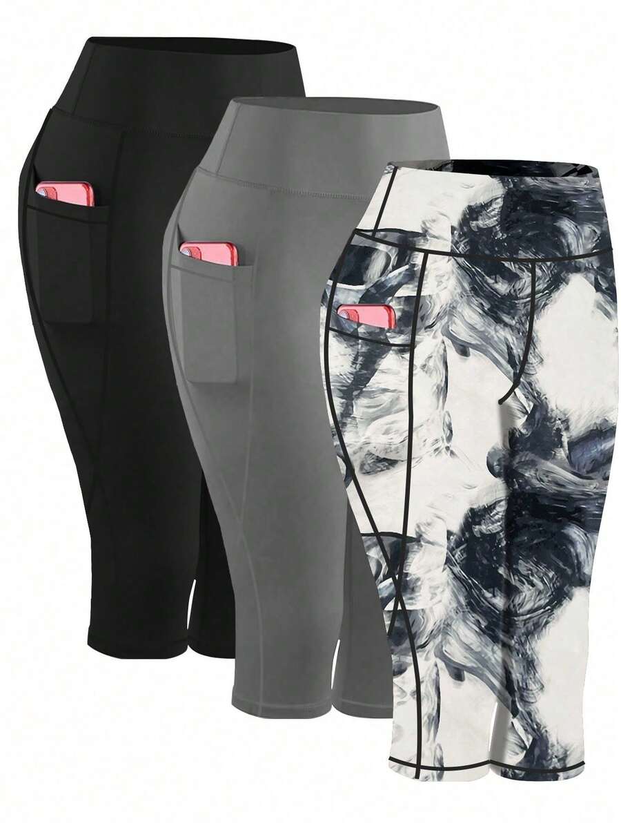 3 件/套口袋合身加大码印花高腰修身收腹运动紧身裤，瑜伽七分裤 - 白色 - 查看 1