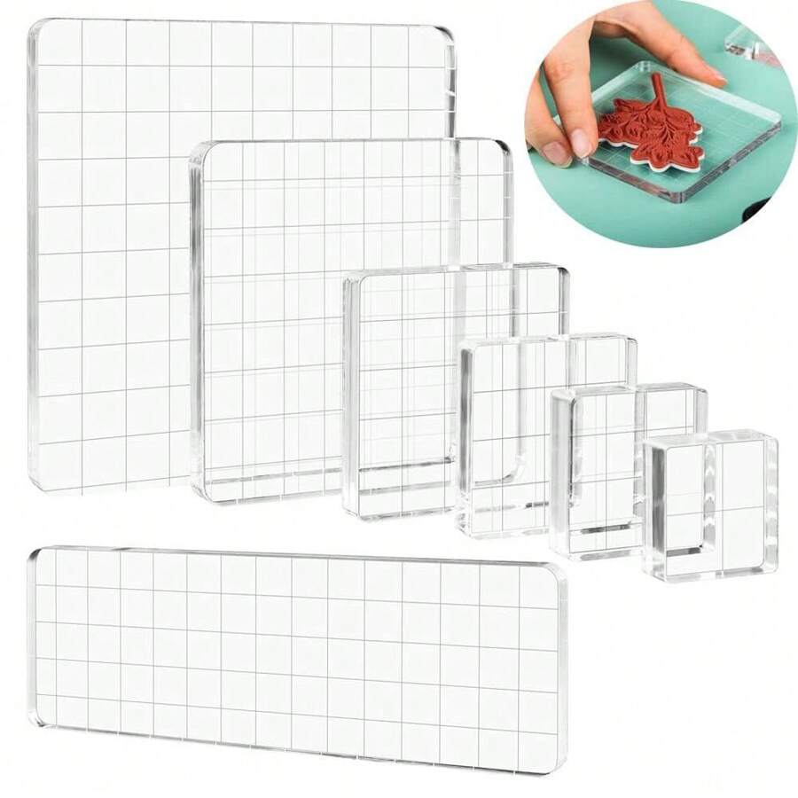 CYFUN DESIGN 3/5/6/7/9 Pcs/Set Clear Acrylic Stamp Block Kit With Grid Lines For DIY Scrapbooking Clear Photo Album Decorative - Clear - View 1
