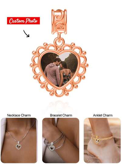 1pc Personalized Custom Photo Bracelet Charm For Women Mother, Picture Necklace Charm, Photo Anklet Charm, Heart Round Locket Beads Gift For Daughter Present Girlfriend Wife Best Friend