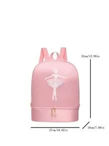 1pc Solid Color Zipper Closure Oxford Cloth Embroidered Dancer Motif Cute Backpack With Separate Shoe Compartment, Suitable For Daily Use