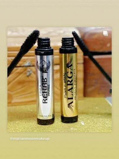 DUO  de Rímel con vitamina E, cera de abeja, cera de carnauba, cera de candelilla, cera de soya, aceite de ricino (Mascara para pestaña) Primer paso rímel PLATEADO de cerda gruesa para dar volumen, Segundo Paso rímel DORADO con cerda delgada para alargar, Resistente al agua que aporta un negro intenso y una textura con un extra volumen, haciendo que tus pestañas luzcan dramáticamente mas largas y abundantes
