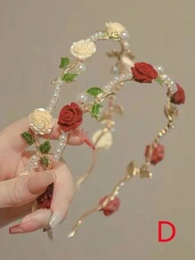 Boho風格2入組合金薄髮箍，裝飾玫瑰、珍珠和葉子形狀的飾品，甜美髮飾頭飾