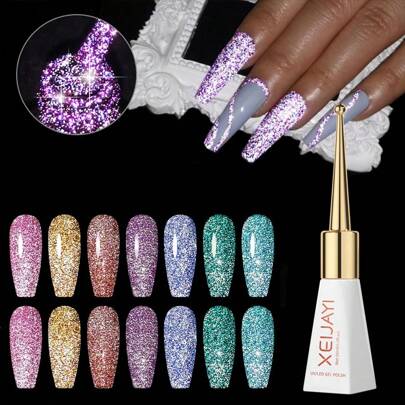 XEIJAYI 7 piezas de 10 ml Esmalte de uñas en gel con efecto de ojo de gato azul reflectante y destellos, esmalte de uñas en gel holográfico con láser y cristales rotos, para uso en casa o salón, arte de uñas DIY