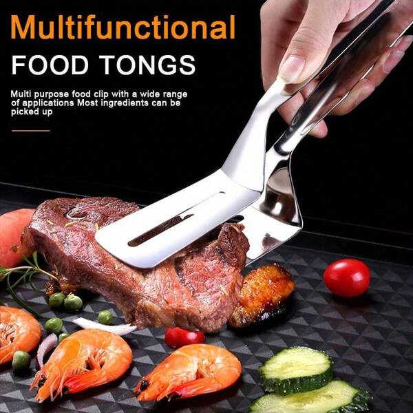 1pc 304 Stainless Steel Thickened Frying Shovel Multifunctional Kitchen Clip Fish Frying Shovel Non Stick Pot Widened Steak Clip