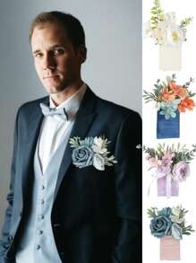 1入組男士婚禮胸花,口袋胸花,新郎、伴郎婚禮胸花,舞會、周年紀念、正式晚宴穿孔西裝胸花