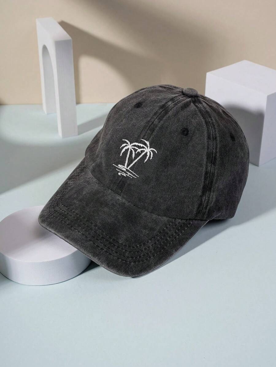 1pc Unisex Y2k Style Embroidered Palm Tree Washed Baseball Cap For Outdoor Sports, Sun Protection, Daily Commute - Black - View 1
