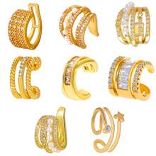 1入組多層立方氧化鋯鑲嵌珍珠和幾何設計耳環，針式無耳洞夾，適用於女性日常佩戴 - 金色 - 查看 7