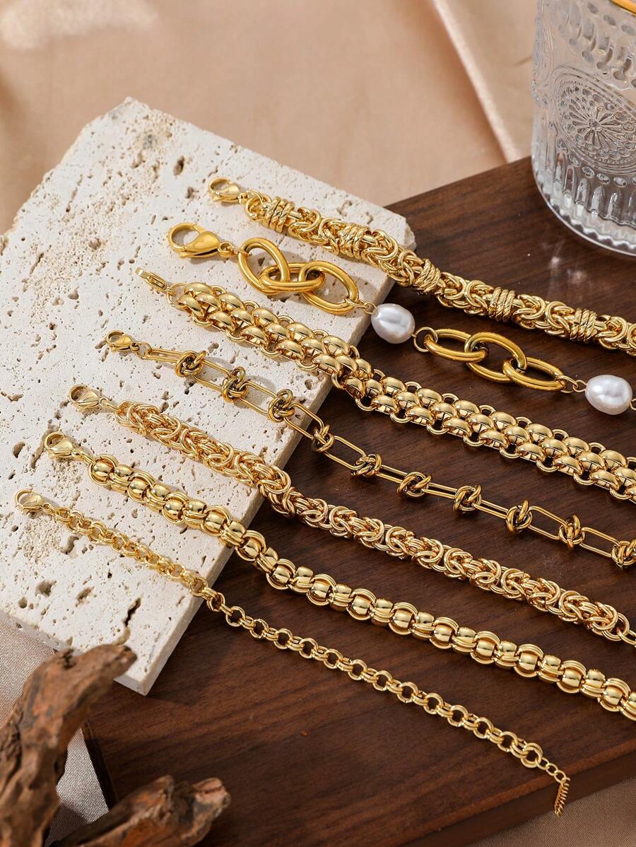 1 pieza Cadena de perlas con cristales de Rhinestone en forma de corazón, cadena retorcida, cadena "Volver a la vida", cadena lisa minimalista, pulsera de brazalete, diseño elegante y delicado de moda retro, adecuado para vacaciones, fiestas, citas, regalos, uso diario - Amarillo Oro - Ver 1