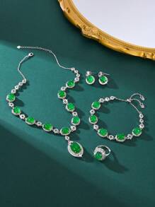 European And American Style Women's Green Zirconia 4-Piece Jewelry Set: Necklace, Earrings, Ring, Bracelet, Suitable For Arabian Brides, Middle East Formal Party Dress