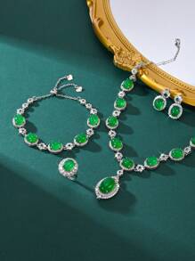 European And American Style Women's Green Zirconia 4-Piece Jewelry Set: Necklace, Earrings, Ring, Bracelet, Suitable For Arabian Brides, Middle East Formal Party Dress