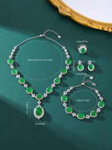 European And American Style Women's Green Zirconia 4-Piece Jewelry Set: Necklace, Earrings, Ring, Bracelet, Suitable For Arabian Brides, Middle East Formal Party Dress
