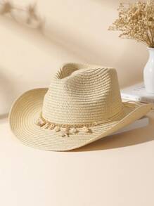 Sombrero De Vaquero De Paja Con Visera Para El Sol, Decoración De Concha Unisex, Para Fiesta, 1 Ud. - Camel - Ver 5