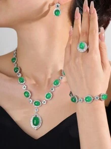 European And American Style Women's Green Zirconia 4-Piece Jewelry Set: Necklace, Earrings, Ring, Bracelet, Suitable For Arabian Brides, Middle East Formal Party Dress