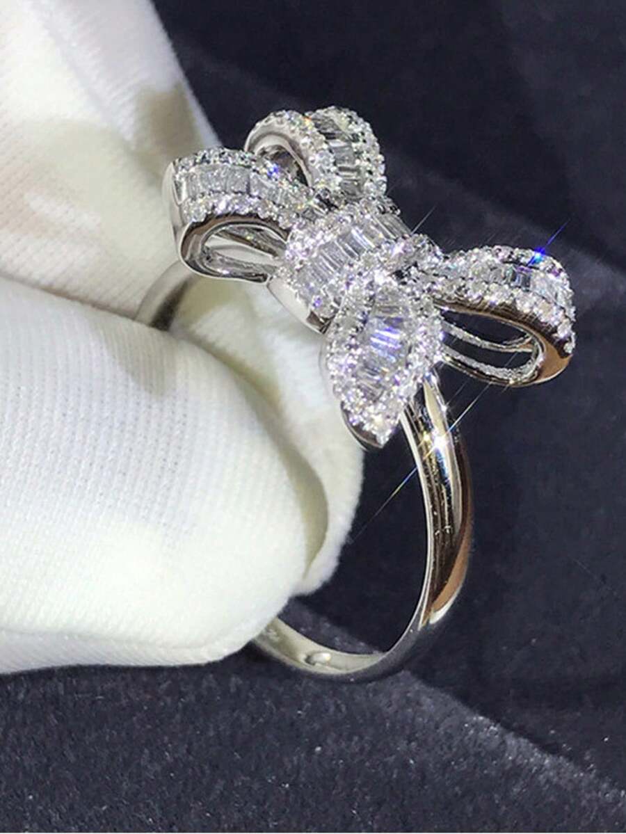 1 chiếc nhẫn đá lấp lánh đính nơ nơ cho phụ nữ thời trang cưới trang sức đính hôn - Bạc - Xem 1