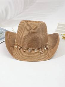 Sombrero De Vaquero De Paja Con Visera Para El Sol, Decoración De Concha Unisex, Para Fiesta, 1 Ud. - Camel - Ver 2