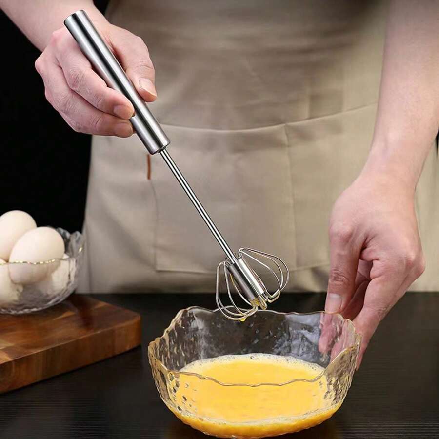 1pc Stainless Steel Semi-Automatic Egg Beater Egg Whisk Hand Press Rotate Kitchen Baking Tool - Silver - View 1