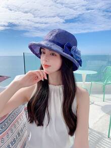 簍箩帽休閒夏日防曬帽，夏季翻邊遮陽帽，時尚百搭簍箩帽，適合旅遊和戶外活動。 - 彩色 - 查看 4