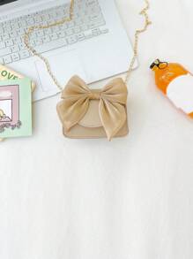 Solid Color Bow Tie Kids' Crossbody Bag, Cute Girls' Chain Bag Mini Pu Handbag With Flower Decoration, Shoulder Bag - Khaki - View 3