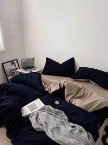 3 件套深蓝色卡其色双缝线水洗羽绒被套，亲肤 - 藏蓝色 - 查看 6