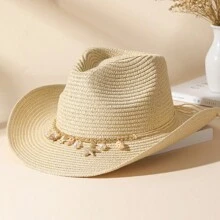 1pc Unisex Shell Decor Sun Visor Straw Cowboy Hat,For Party Boho - Camel - View 13