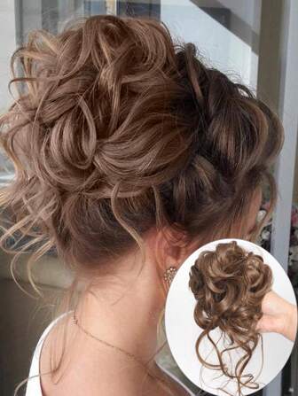 合成亂髮包假髮塞頭髮織髮夾彎曲毛髮包鬆亂半上髮束捲曲鬆糙螺旋髮圈，可選黑、啡、灰、紅、金髮色系，髮鬆