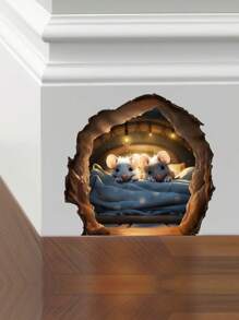 有趣的老鼠洞墙贴卧室厨房踢脚线家居装饰 3d 乙烯基墙贴花 DIY 卡通老鼠动物壁画艺术、贴纸、墙贴花、乙烯基贴花用于家居装饰、春季装饰物品刷新您的家、拉玛装饰贴纸礼物生日毕业 - 彩色 - 查看 3