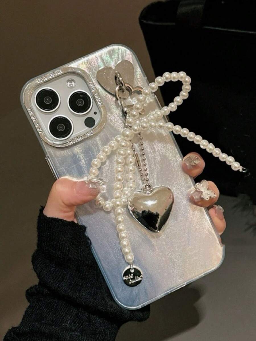 情人节美学大号心形仿珍珠和蝴蝶结链时尚手机壳，适用于 15 Pro Max、 14、 13 和 12，简约防摔设计，适合女性，防水防震防刮 - 白色 - 查看 1