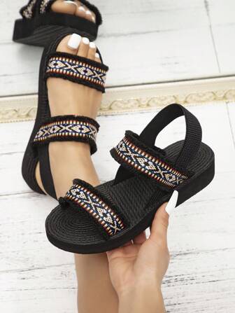 時尚女式涼鞋,春/夏新款十字彈性帶編織波西米亞風格黑色平底鞋