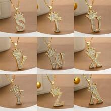 1 corona de moda y  colgante de 26 letras iniciales para mujer, joyería con letras heladas bonitas, regalo de cumpleaños - V - Ver 1