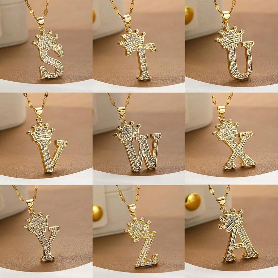 1 corona de moda y colgante de 26 letras iniciales para mujer, joyería con letras heladas bonitas, regalo de cumpleaños - V - Ver 1