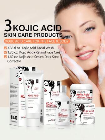 LANTHOME Kojic Acid皮膚護理3入組- Kojic Acid面部潔面乳100ml + Kojic Acid保濕霜50g + Kojic Acid精華液30ml,淡化膚色,保濕滋潤肌膚,修復暗沉